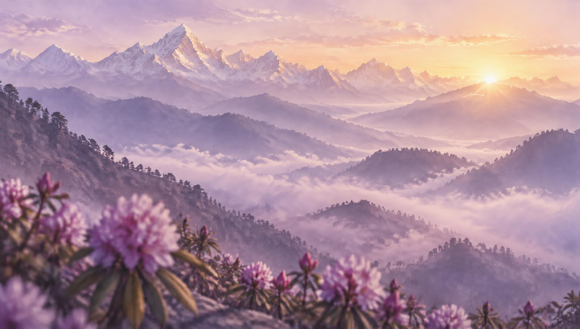 Misty Himalayan ridges at dawn with rhododendrons in bloom