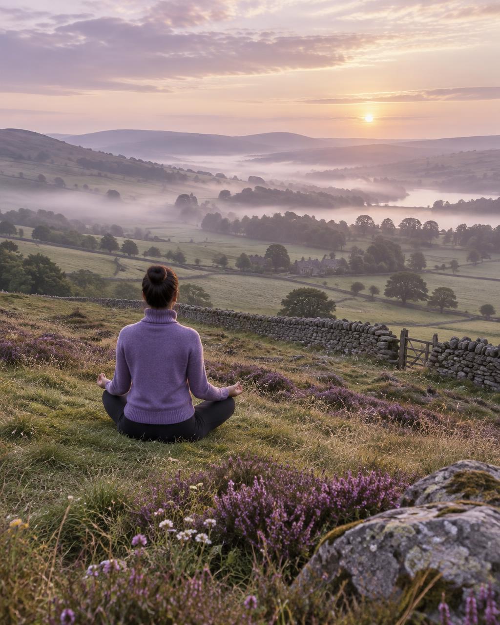 A woman seated in meditation on an English hillside of heather at dawn, looking out over misty green valleys